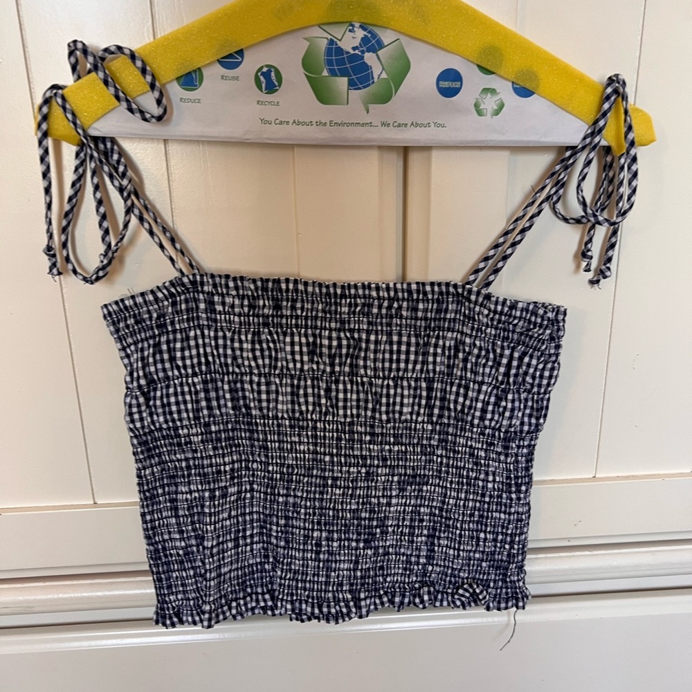 Gingham navy blue and white smocked top